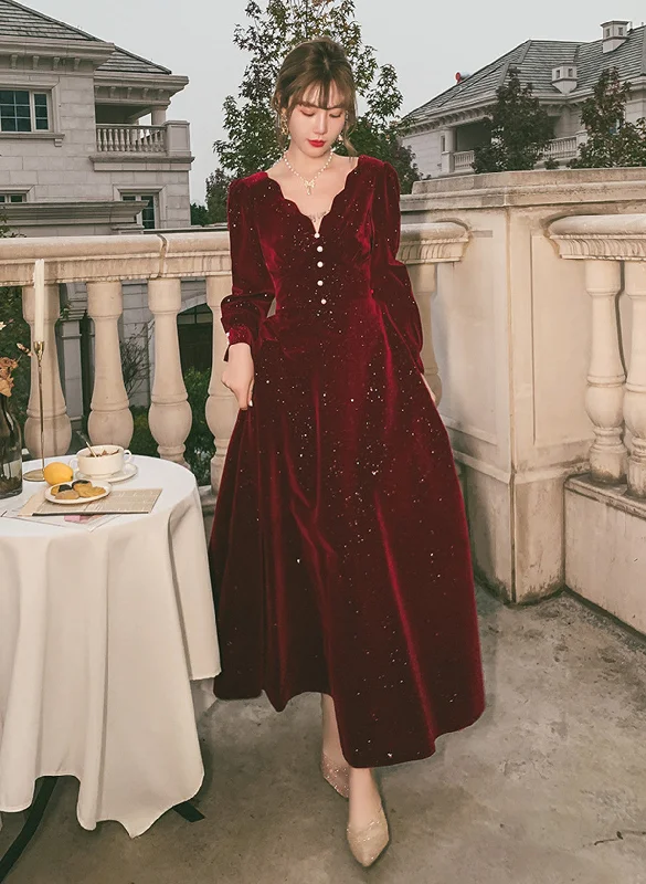 Wine Red Velvet Tea Length Long Sleeves Party Dress, Wine Red Homecoming Dress Tunics Solid Classic