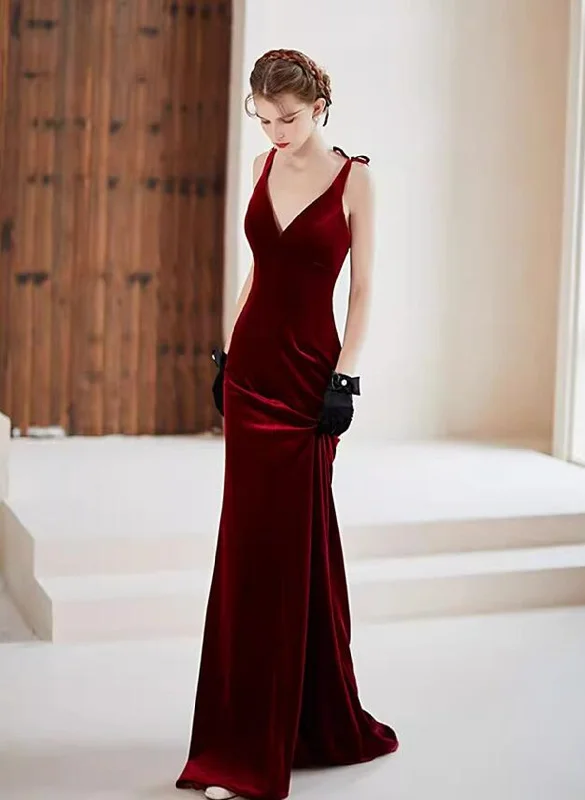 Wine Red Velvet V-neckline Mermaid Long Evening Dress, Wine Red Velvet Prom Dress Tunics Trendy modern