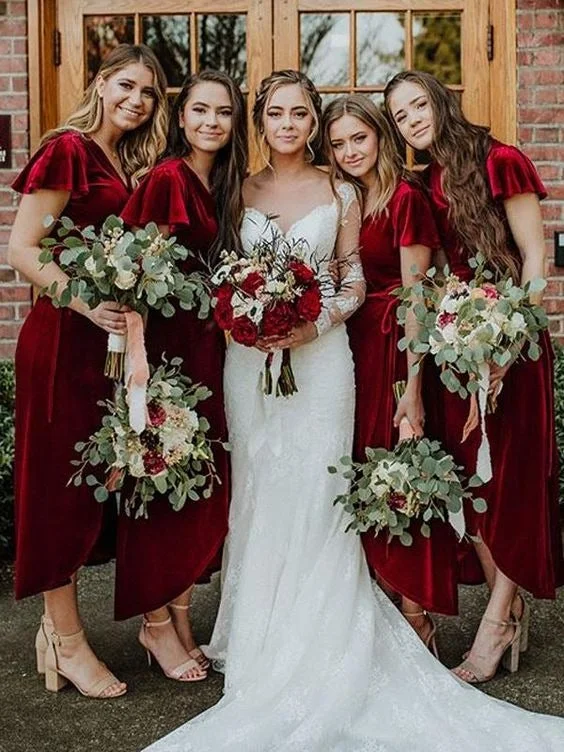 Winter Velvet V-Neck Bridesmaid Dresses High-Low Tea-Length Wedding Party Dresses High-Low Hemline Casual