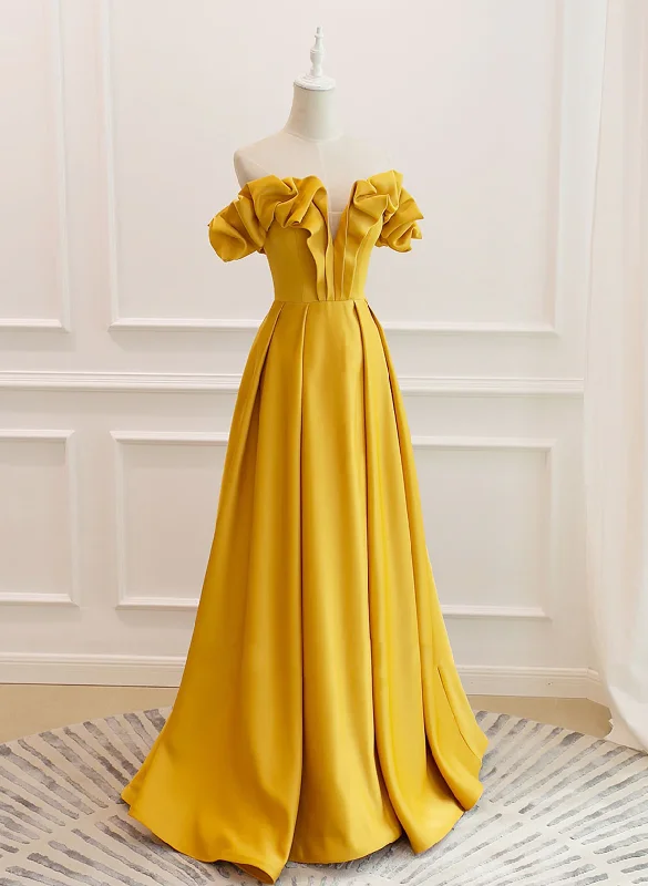 Yellow Satin A-line Sweetheart Off Shoulder Party Dress, Yellow Long Prom Dress Tunics Mesh breathable