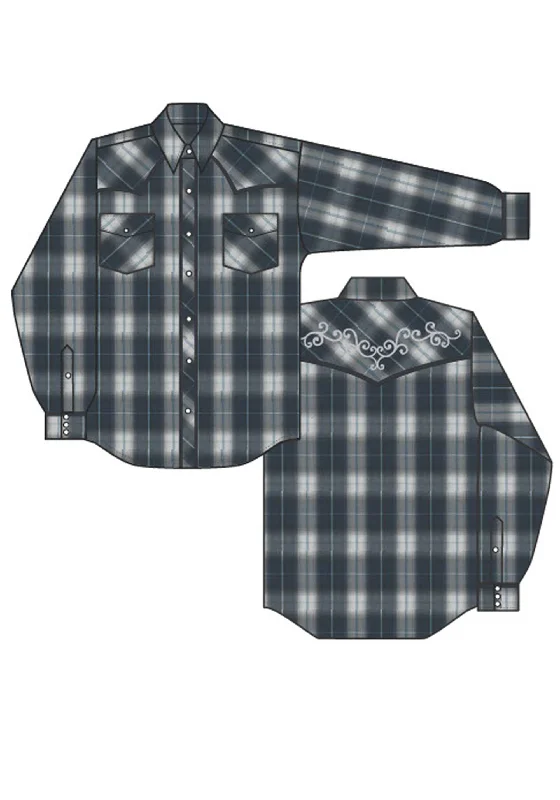 WOMENS LONG SLEEVE SNAP NAVY GREY  AND LIGHT BLUE LG SCALE PLAID WESTERN SHIRT Anti-Shrink Durable Soft