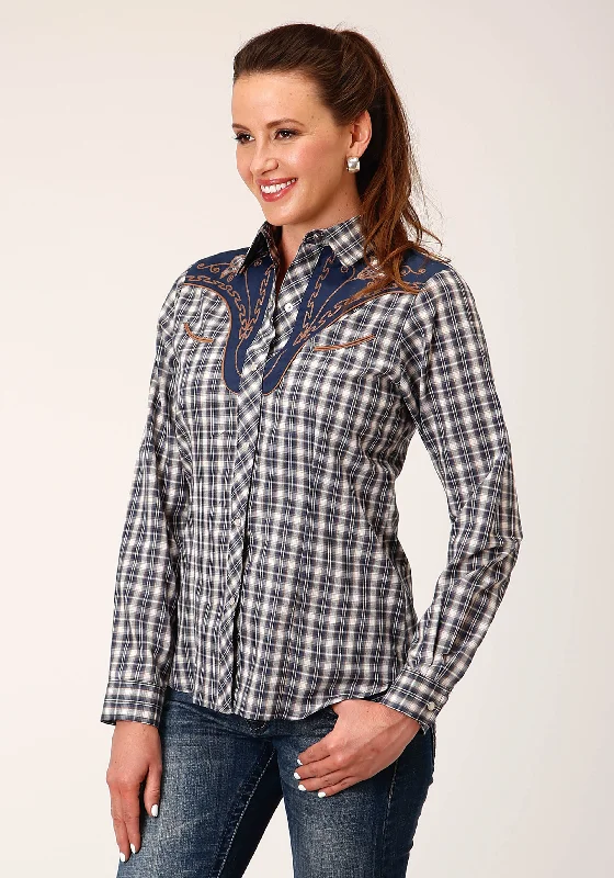 WOMENS LONG SLEEVE SNAP NAVY CREAM TAN SMALL SCALE PLAID WESTERN SHIRT WITH PIPING AND APPLIQUE ON YOKES Rayon Velvet Corduroy