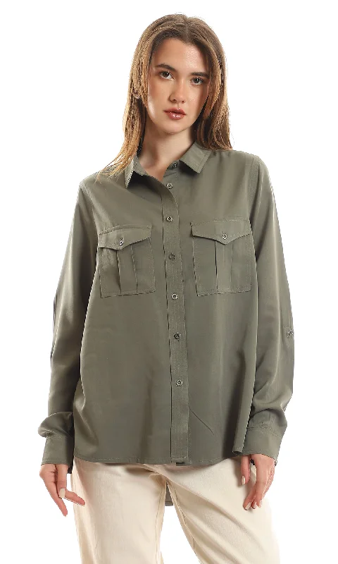 56545 Chest Flap Pockets Cotton Buttoned Olive Shirt Spandex Blend Rayon Blend Denim Blend