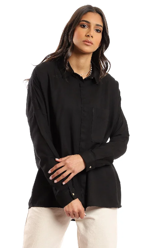 96481 High Low Full Buttoned Rayon Shirt - Black Terry Blend Velvet Blend Canvas Blend