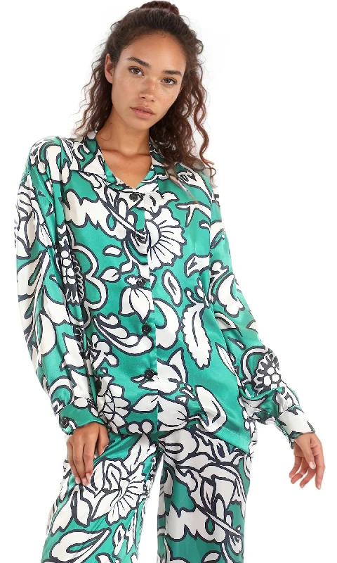 97085 Fashionable Self Floral Stain Classic Neck Shirt - Green, White & Black Terry Blend Velvet Blend Canvas Blend