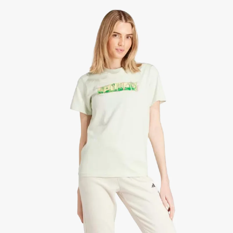 Adidas Womens Doodle Short Sleeve Tee Linen Green Print Jacquard Patchwork