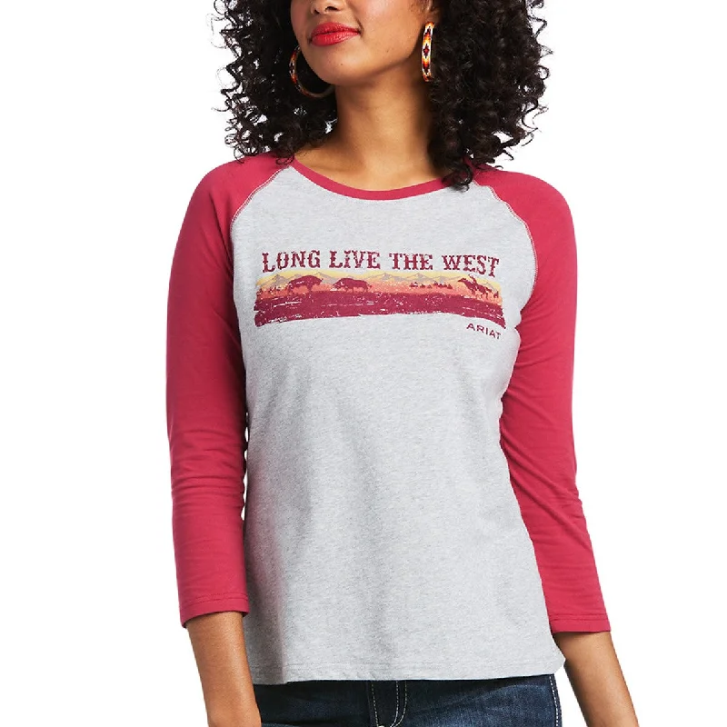 Ariat Ladies REAL Long Live Heather Grey & Red Bud Baseball T-Shirt 10039776 Chenille Blend Fleece Blend Nylon Blend