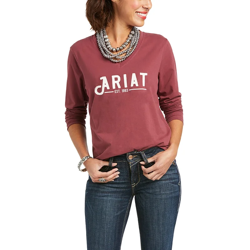 Ariat Ladies REAL Long Sleeve Fig Galaxy Red Logo Tee 10037523 Polka Dot Checkered Tartan