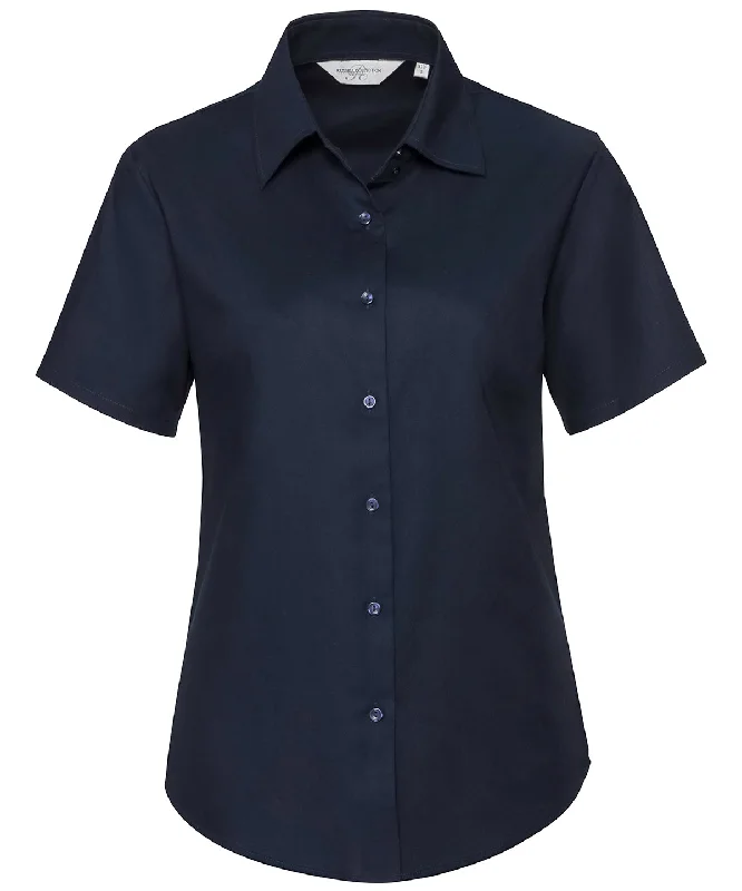 Bright Navy - Women's short sleeve Oxford shirt Mesh Fabric Canvas Fabric Denim Fabric