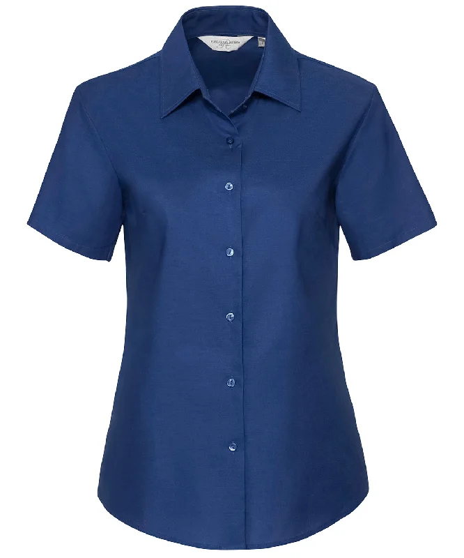 Bright Royal - Women's short sleeve Oxford shirt Denim Fabric Leather Fabric Suede Fabric