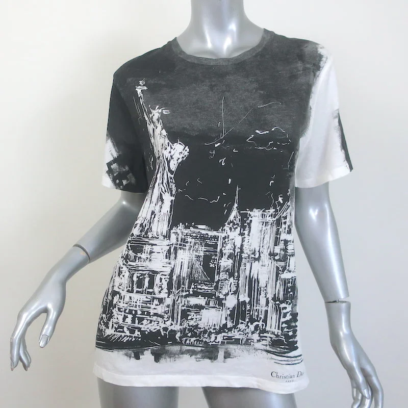 Christian Dior New York T-Shirt Black & White Cotton-Linen Size Medium Beaded Sequined Faux Fur