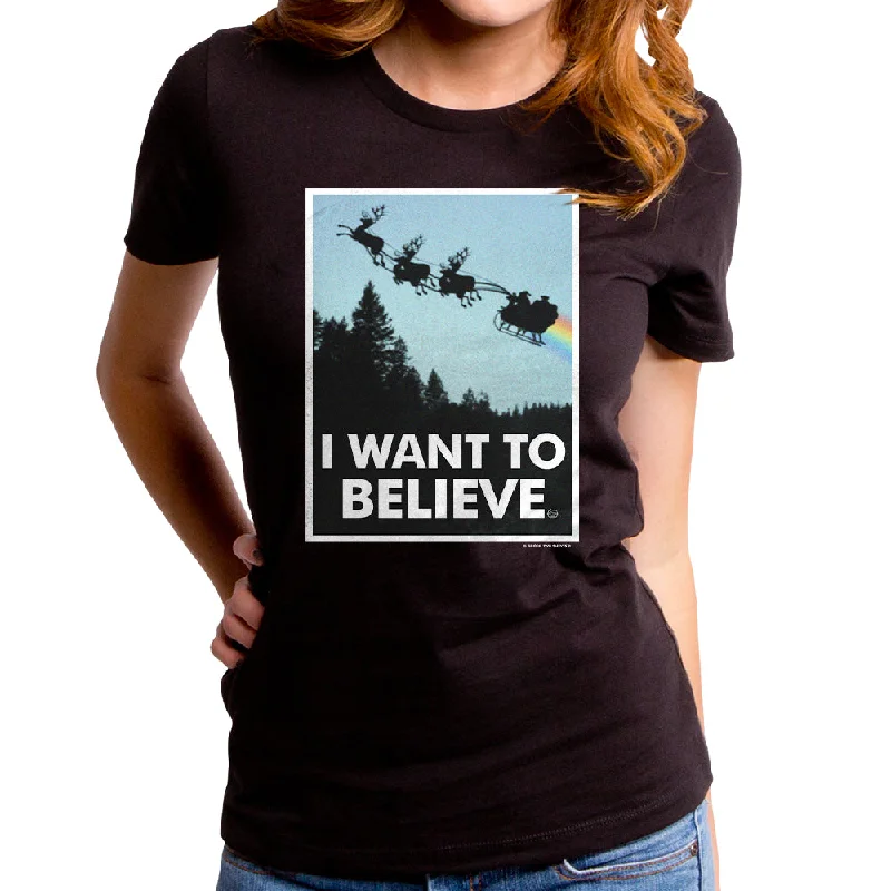 I Want To Belive In Santa Women's T-Shirt Denim Fabric Leather Fabric Suede Fabric