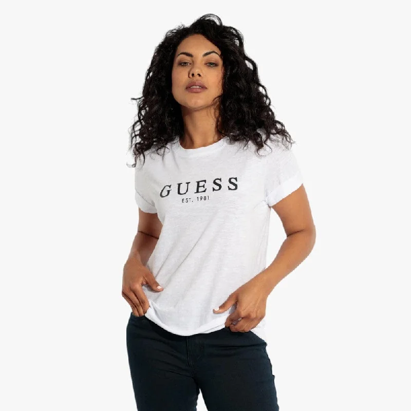 Guess Womens 1981 Roll Cuff Short Sleeve Tee White Graphic T-Shirt Round Neck Polyester