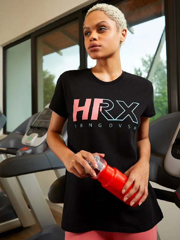 HRX by Hrithik Roshan Women Black Solid Bio-Wash Training Tshirts Handmade Hand-knitted Hand-woven