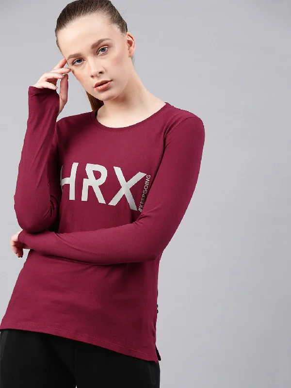 HRX by Hrithik Roshan Women Lifestyle Maroon Rapid Dry Typography Printed T-shirt Front Pockets Side Pockets Patch Pockets