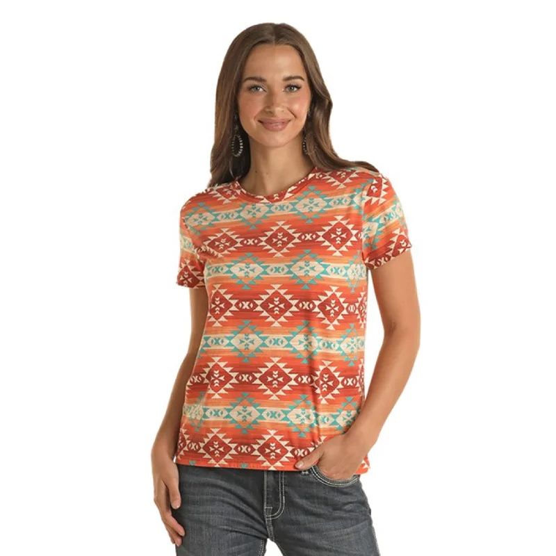 Panhandle Women's Orange Aztec Tee Welt Pockets Slit Pockets Flap Pockets