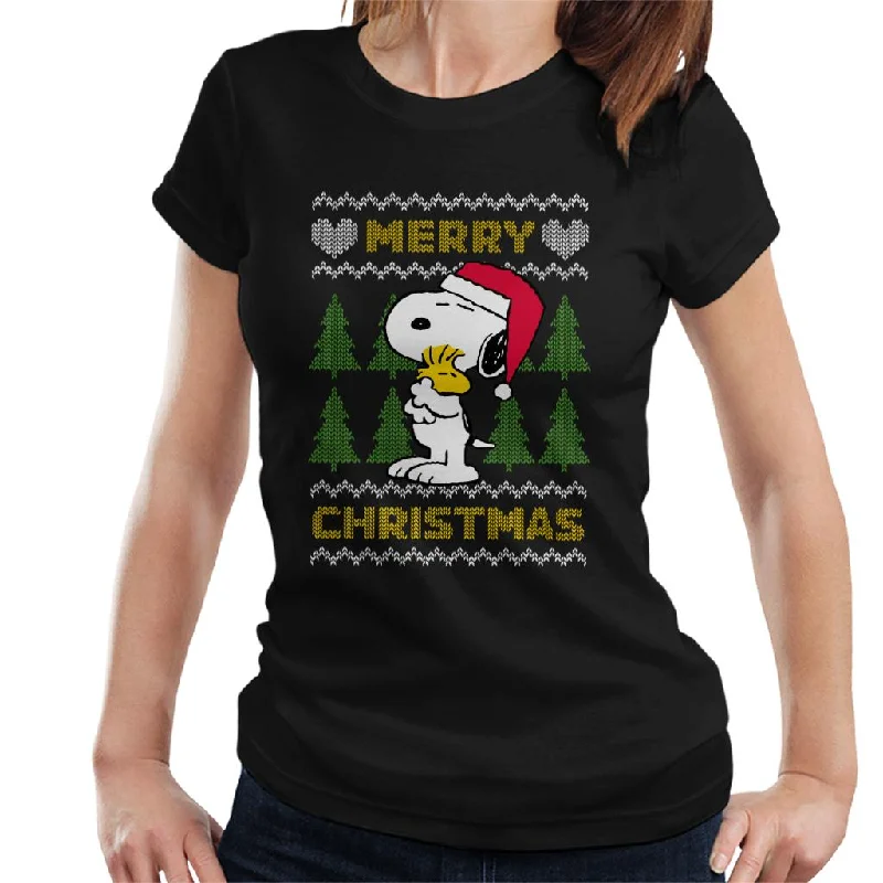 Peanuts Snoopy Hugs Merry Christmas Knit Pattern Women's T-Shirt Knit Fabric Woven Fabric Fleece Fabric