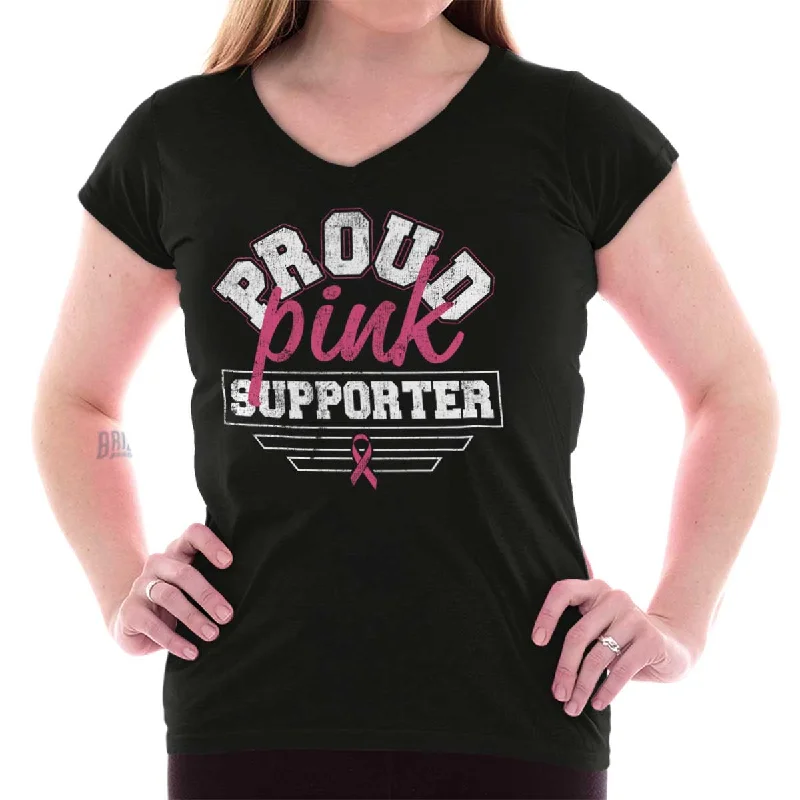 Breast Cancer Awareness Junior Fit V-Neck T Shirt Front Pockets Side Pockets Patch Pockets