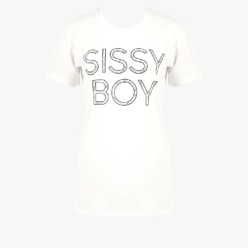 Sissy Boy Womens Multi Technique Short Sleeve Tee White Wool Fabric Cashmere Fabric Tweed Fabric