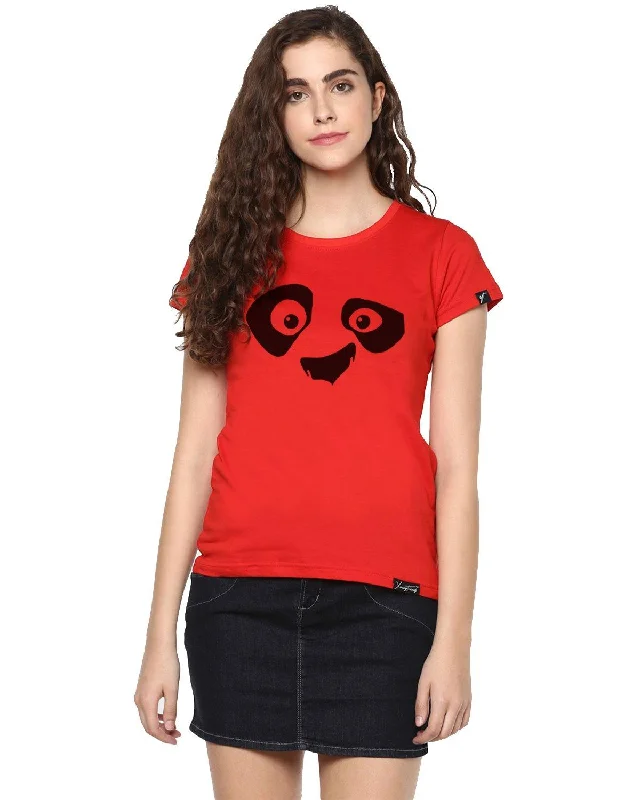 Womens Half Sleeve Pandaeyes Printed Red Color Tshirts Chenille Fabric Brocade Fabric Lace Fabric