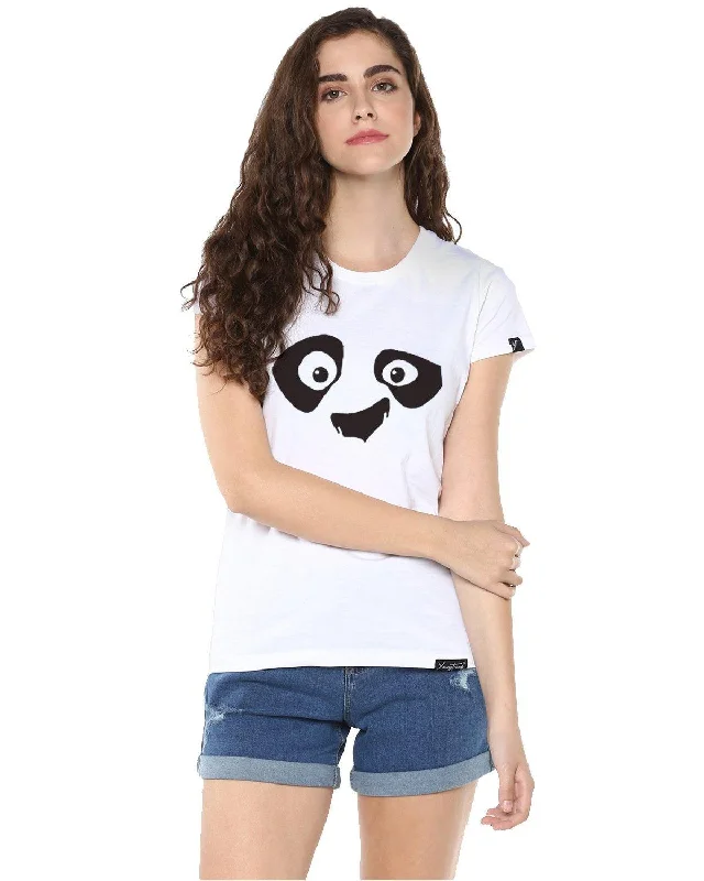 Womens Half Sleeve Pandaeyes Printed White Color Tshirts Silk Blend Satin Velvet