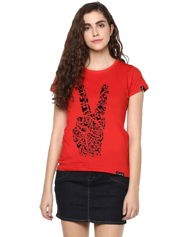 Womens Half Sleeve Peace Printed Red Color Tshirts Cotton Fabric Linen Fabric Terry Fabric