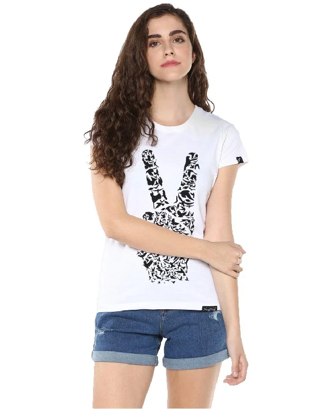 Womens Half Sleeve Peace Printed White Color Tshirts Spandex Blend Rayon Blend Denim Blend