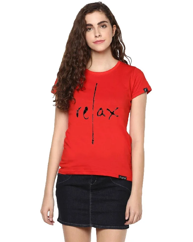 Womens Half Sleeve Relax Printed Red Color Tshirts Cashmere Blend Cotton Blend Poly Blend