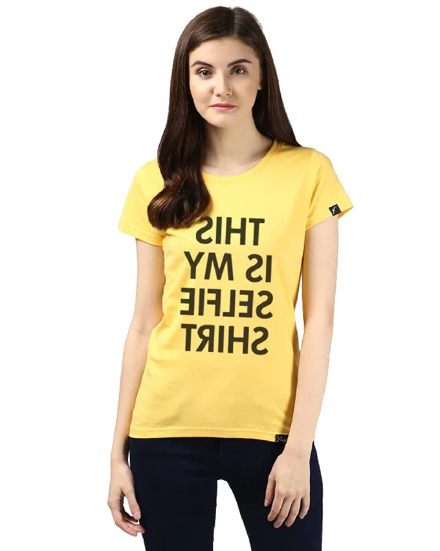 Womens Half Sleeve Selfie Printed Yellow Color Tshirts Hooded Caped Shawl Collar